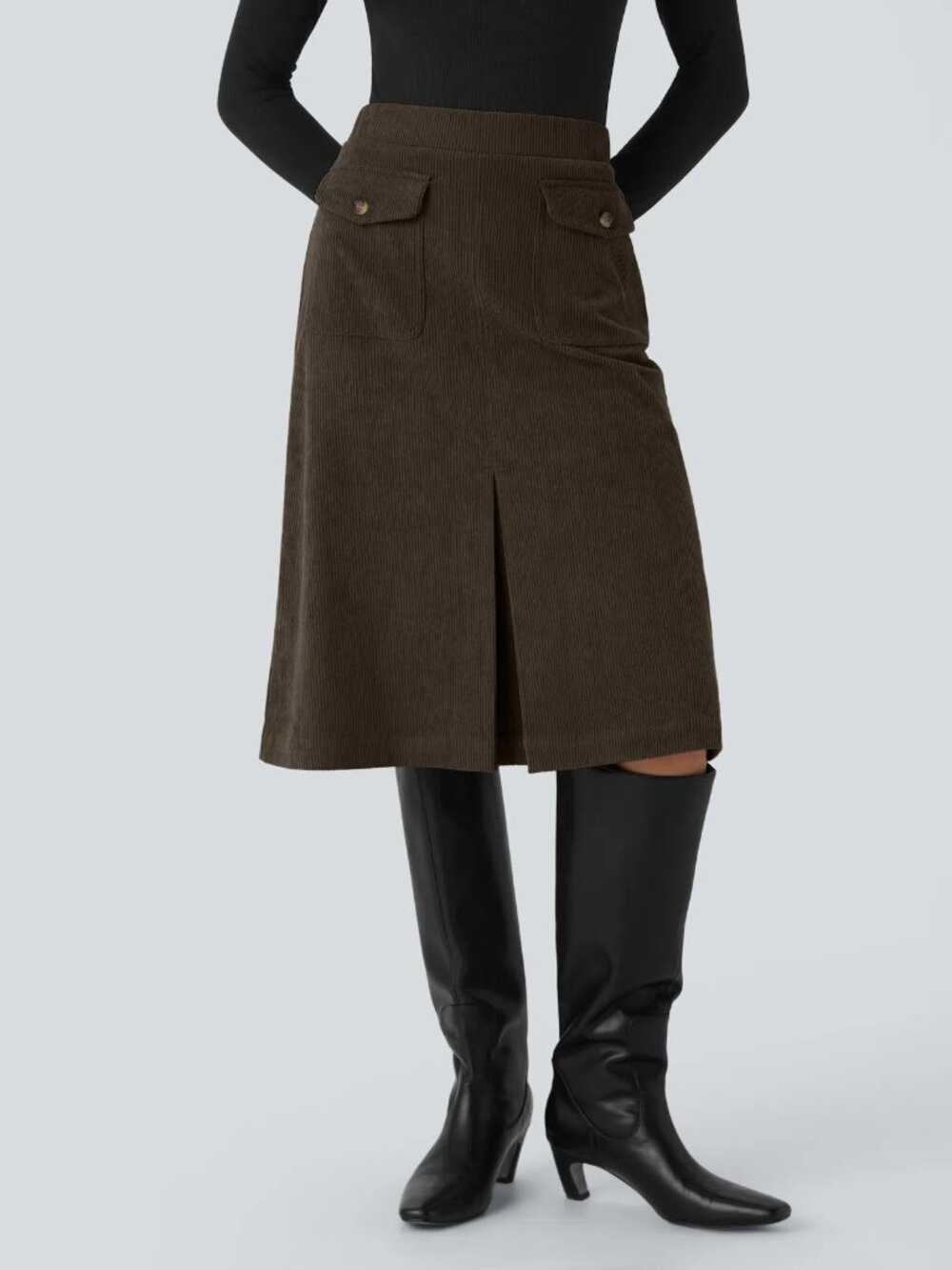 Halara Mid Skirt Midi Rise Front Side Flap Pocket Corduroy Brown NWT Size Large